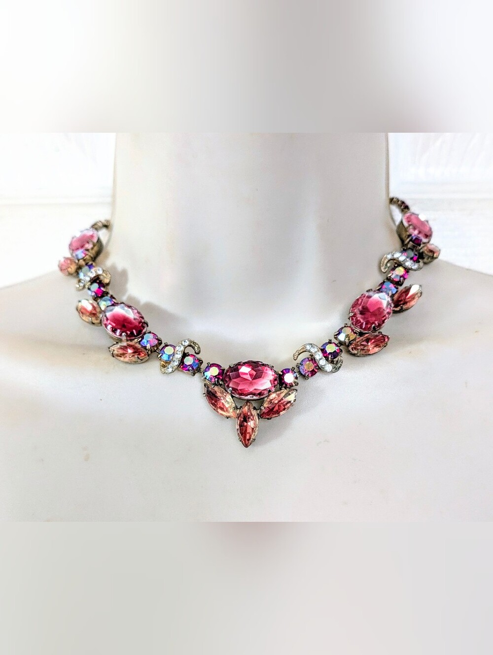 Vintage MCM Pink Watermelon & A.B. Rhinestone Choker Necklace 15"